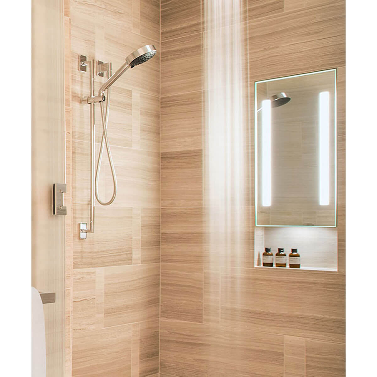 Acclaim Electrically Heated Shower Mirror, 28" Tall, with downlight.