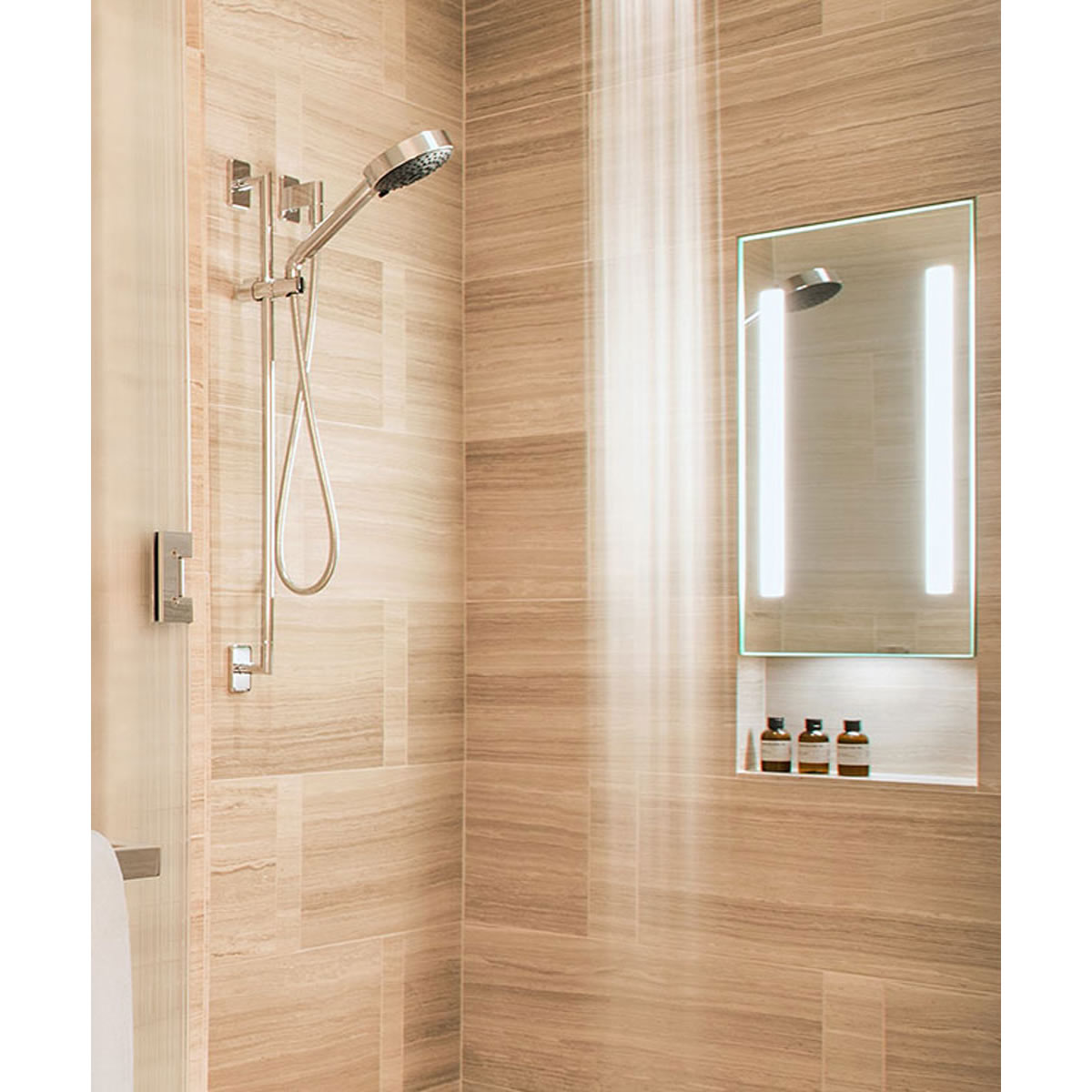 Acclaim Electrically Heated Shower Mirror, 28" Tall, with downlight.