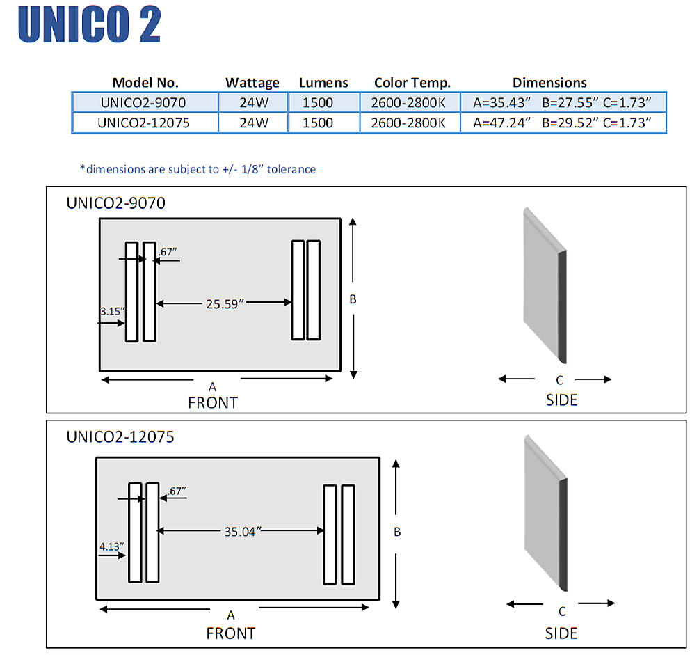 Aamsco UNICO 2 with Double Vertical Bands of LED Lighting at Each Side of the Mirror - 2 Sizes - Perfect Makeup Mirrors