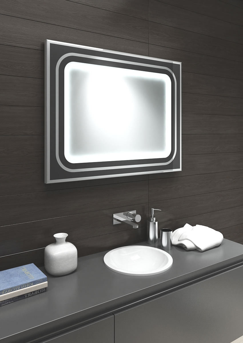 Aamsco Halo LED Backlit Mirror with Backlit Central Mirror Ringed in Black/Silver Glass and Aluminum - Perfect Makeup Mirrors