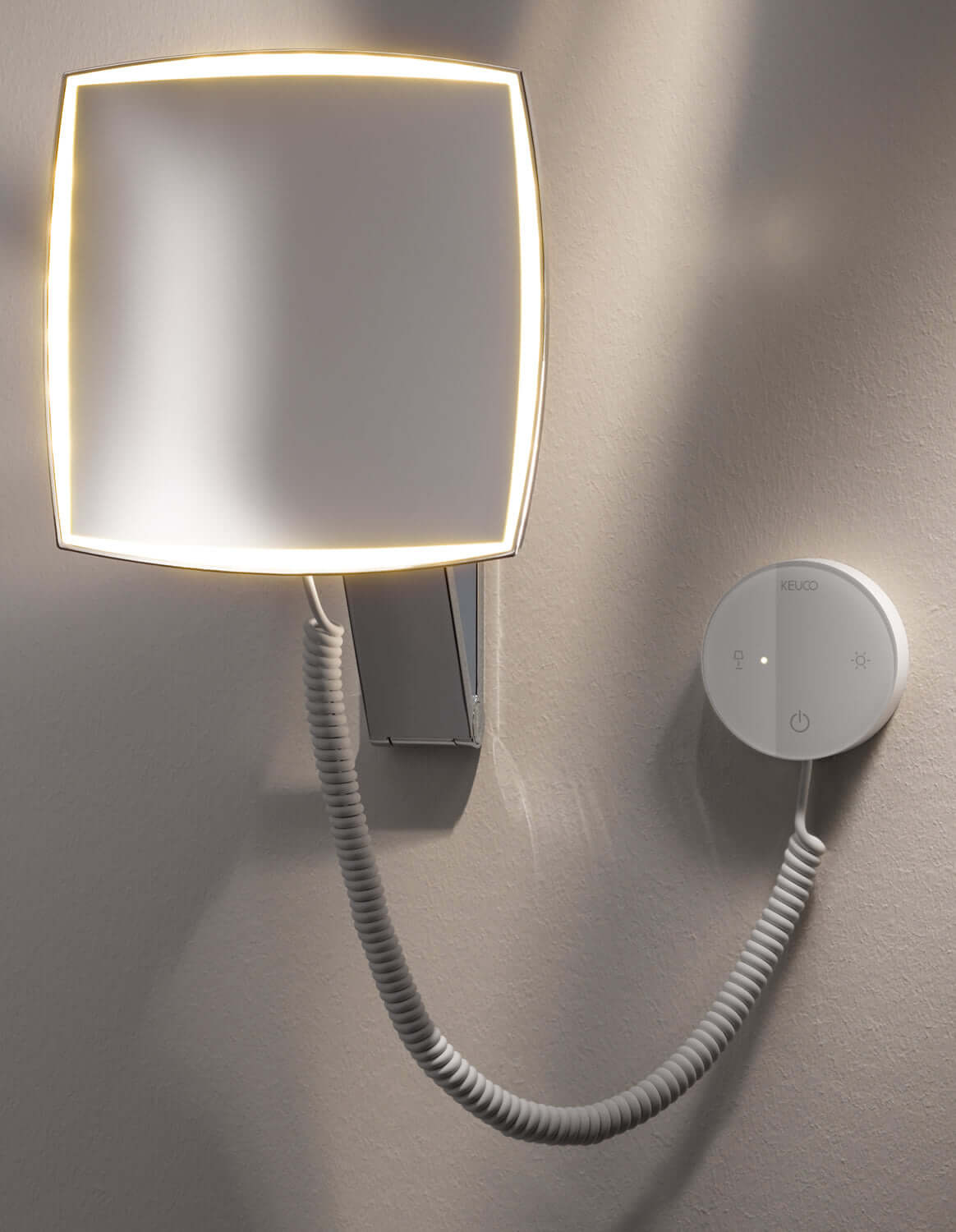 KEUCO 5x Round 2,700k-6,500k LED Coiled Cord Hardwired Makeup Mirror, LED Control Panel