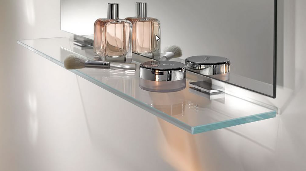 Collection Moll Crystalline Glass Shelf with Polished Chrome Brackets, 3 Sizes - Keuco - Perfect Makeup Mirrors