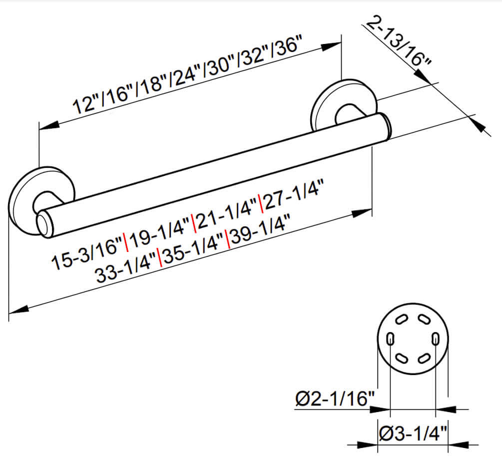 Keuco Plan Care ADA Support Rail in 8 Sizes from 12" to 48", Finished in Polished Chrome