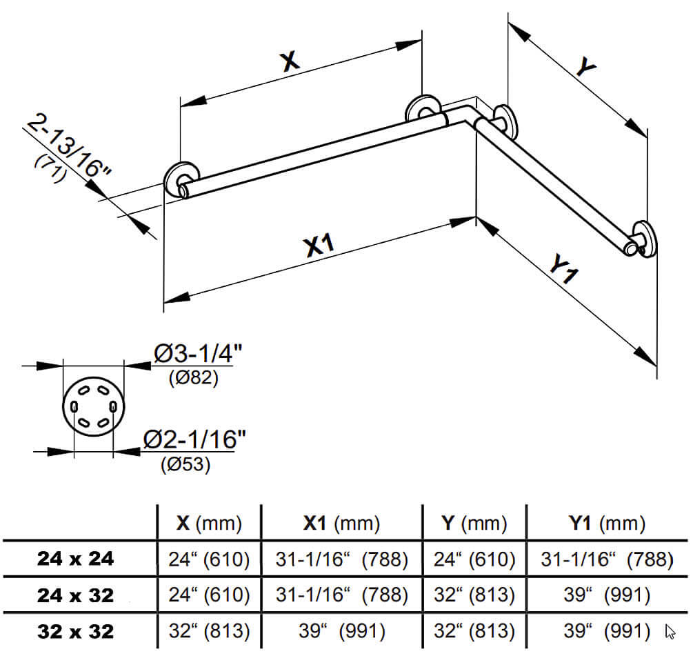 Keuco Plan Care ADA Corner Rail, Chrome, 3 Sizes