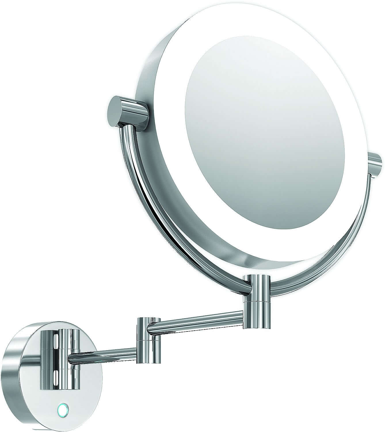 Apparently frameless, the Charm Hardwired mirror is 5x/1x reversible, lighted both sides. Sleek looking!