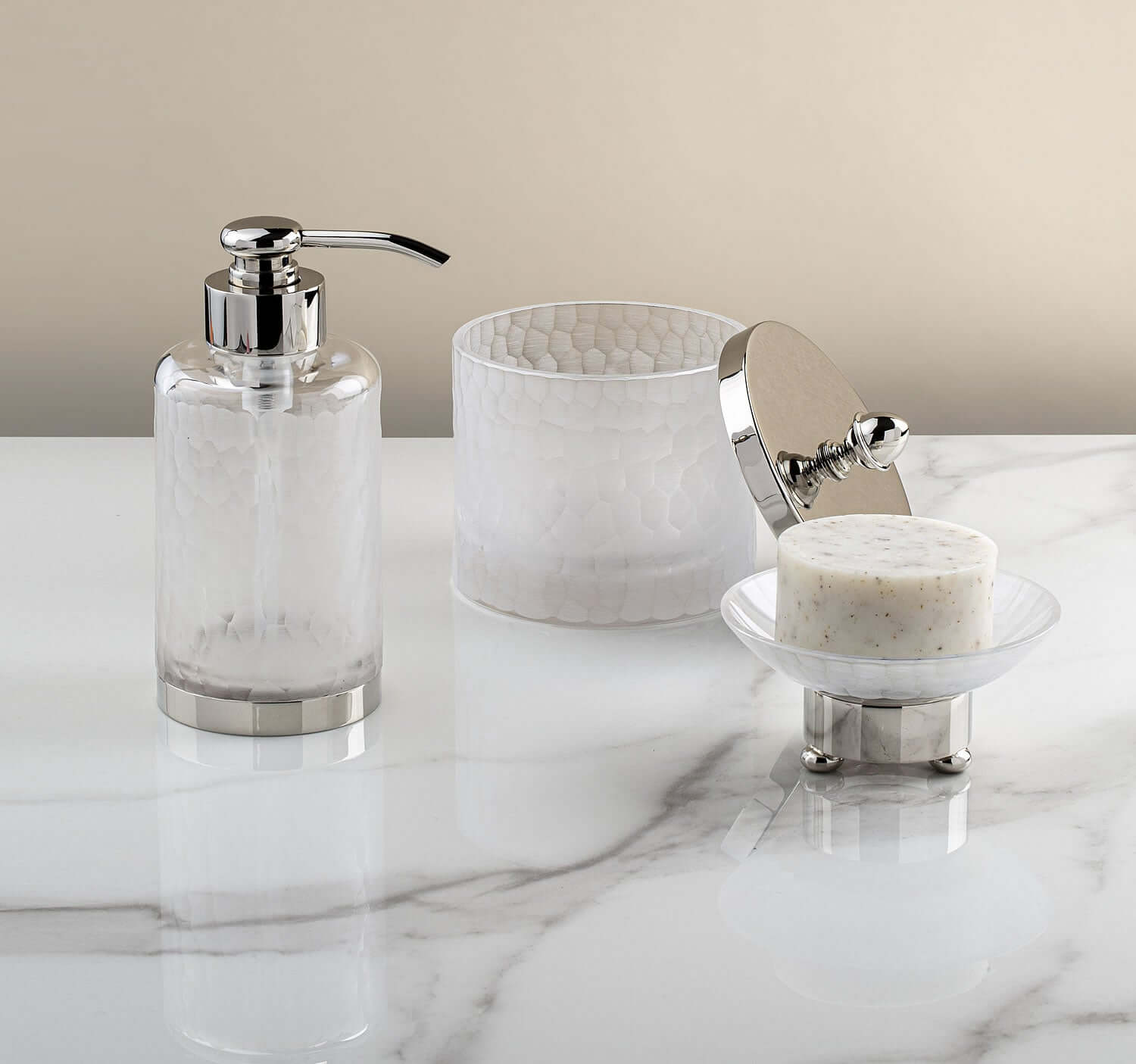 Cristal&Bronze Nid d'abeilles (Honeycomb) Soap Dish, Tumbler, and Perfume Bottle- 27 Finishes