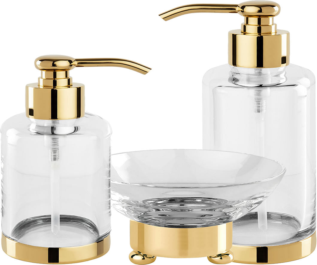 Cristallin "lisse" Soap Dispensers and Soap Dish, each in 27 Finishes - Cristal & Bronze - Perfect Makeup Mirrors