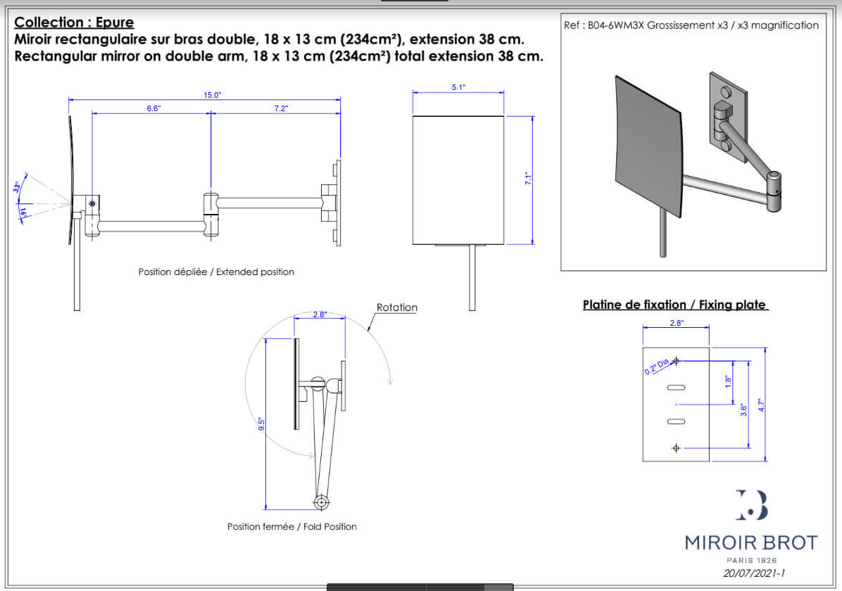 Epure rectangular wall-mounted makeup mirror specifications.