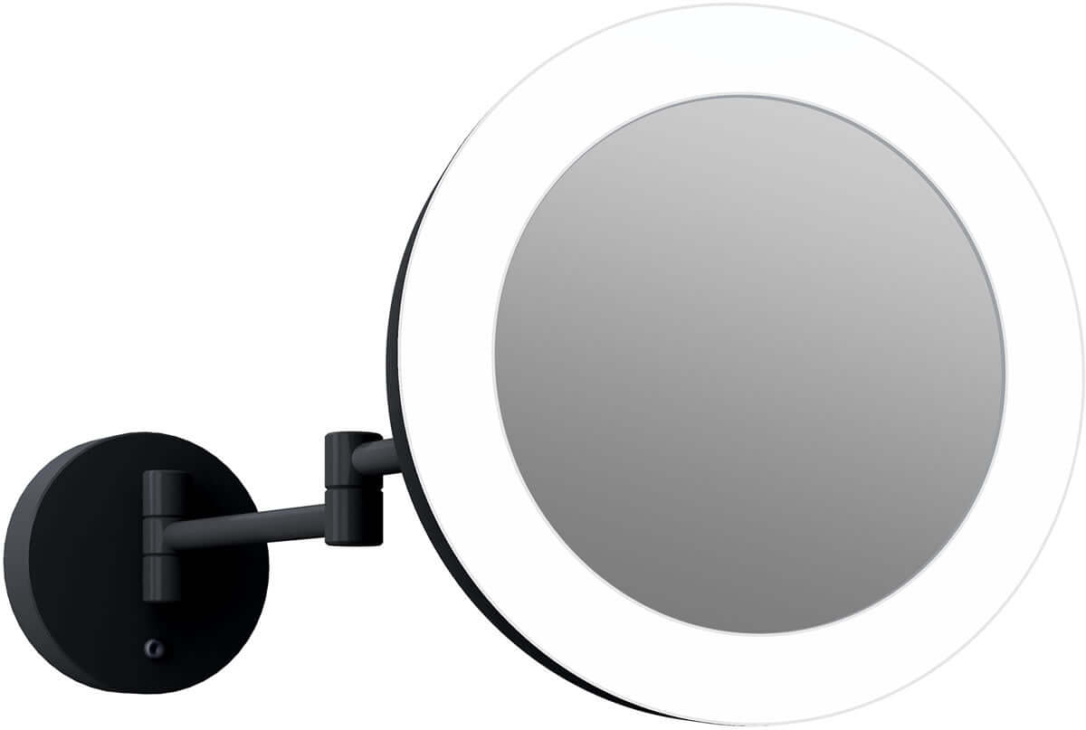 Trending matte black in a hardwired makeup mirror that's 5x/1x reversible. "Glamour" by the Electric Mirror company.