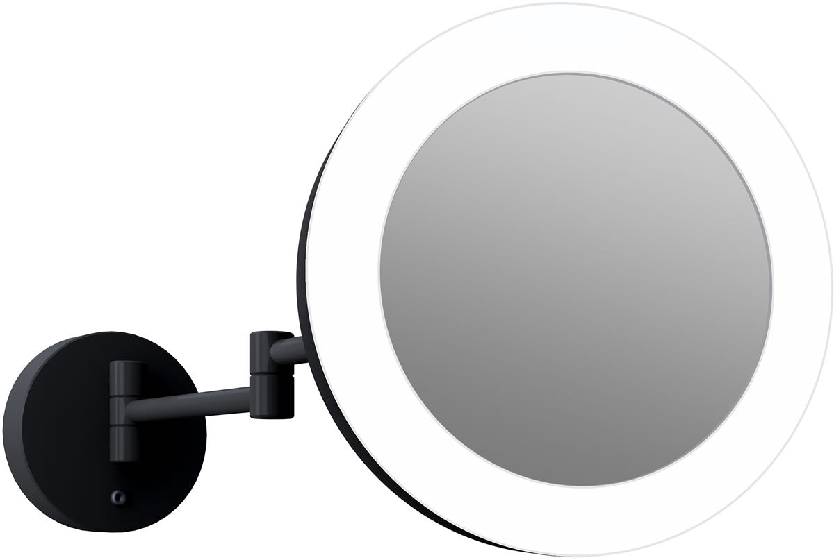 Trending matte black in a hardwired makeup mirror that's 5x/1x reversible. "Glamour" by the Electric Mirror company.