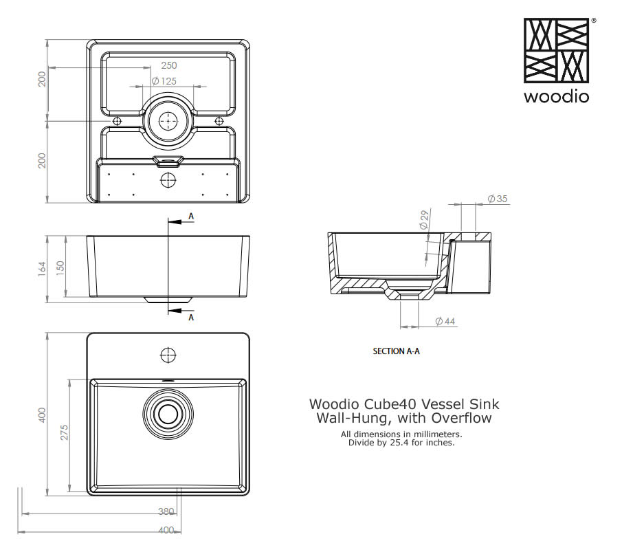 Woodio Cube40 Wall-Mounted Wood Sink - 10 Colors
