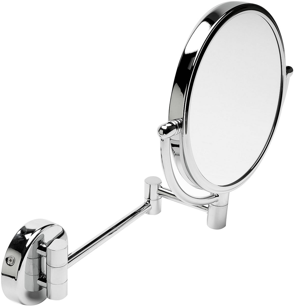 Brushed Nickel 5x/1x reversible, with 4-3/4" dia. mounting plate and 10-1/4" extension. Polished Chrome.
