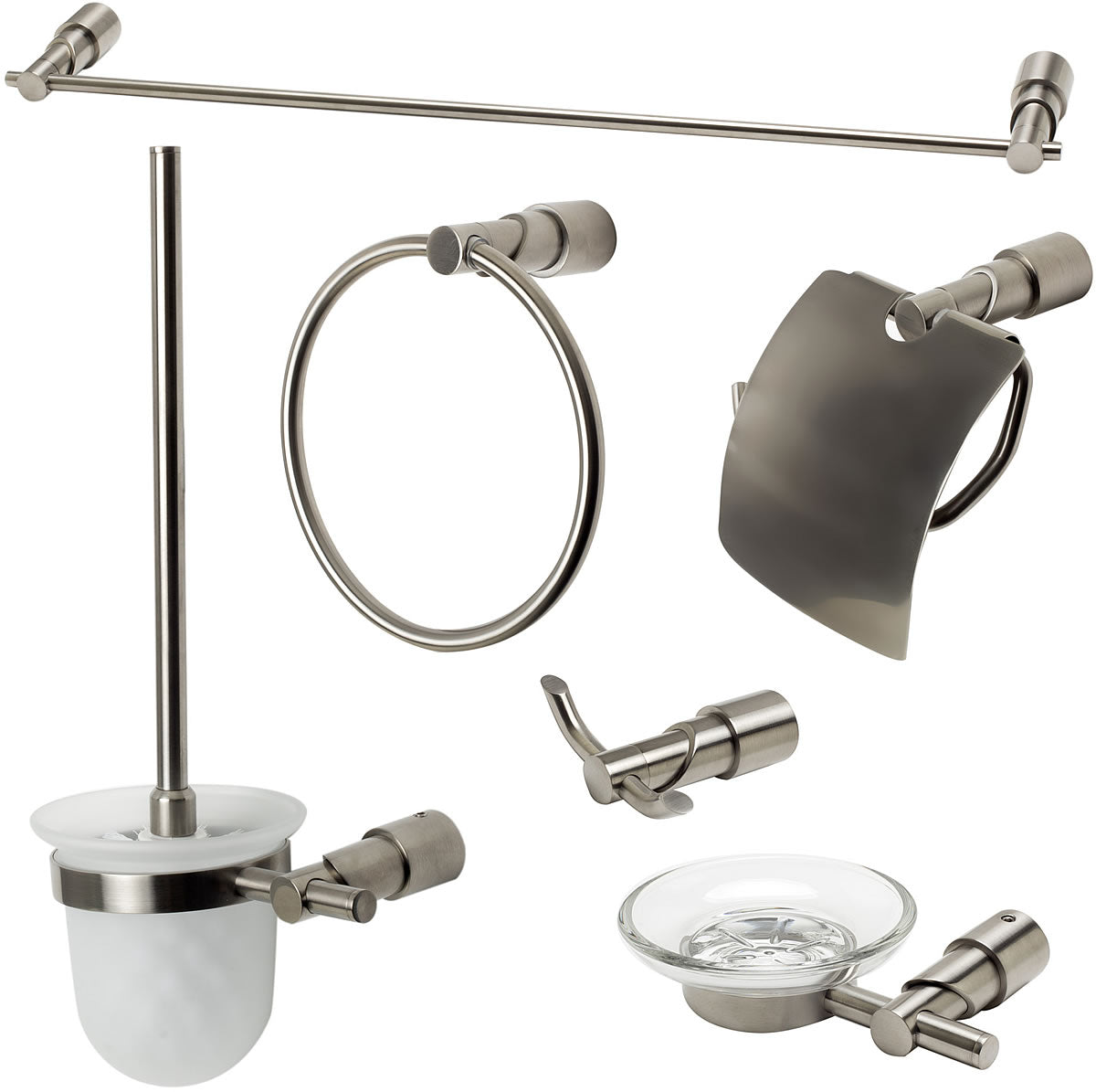 Brushed Nickel. Everything you need is included: Towel Bar, Soap Dish, Towel Ring, Covered TP Holder, Robe/Towel Hook, Toilet Brush Set