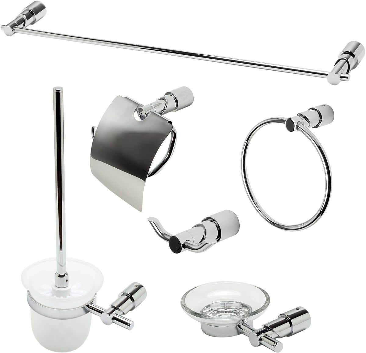 Polished Chrome. Everything you need is included: Towel Bar, Soap Dish, Towel Ring, Covered TP Holder, Robe/Towel Hook, Toilet Brush Set