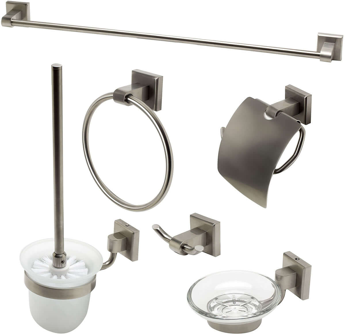 Brushed Nickel. Everything you need is included: Towel Bar, Soap Dish, Towel Ring, Covered TP Holder, Robe/Towel Hook, Toilet Brush Set