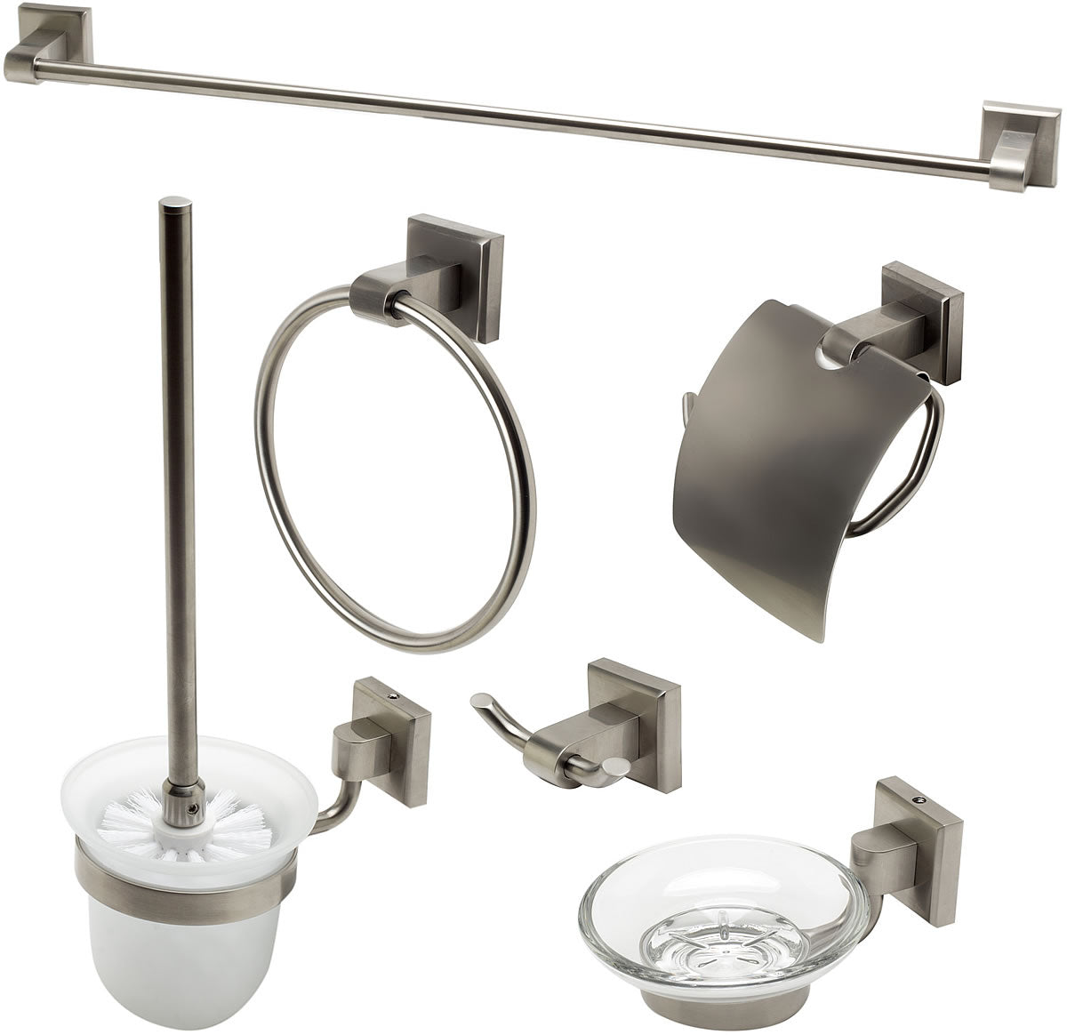 Brushed Nickel. Everything you need is included: Towel Bar, Soap Dish, Towel Ring, Covered TP Holder, Robe/Towel Hook, Toilet Brush Set