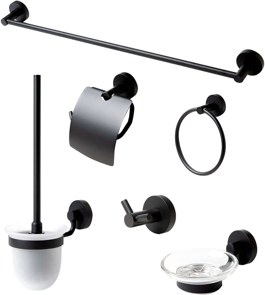 Matte Black. Everything you need is included: Towel Bar, Soap Dish, Towel Ring, Covered TP Holder, Robe/Towel Hook, Toilet Brush Set
