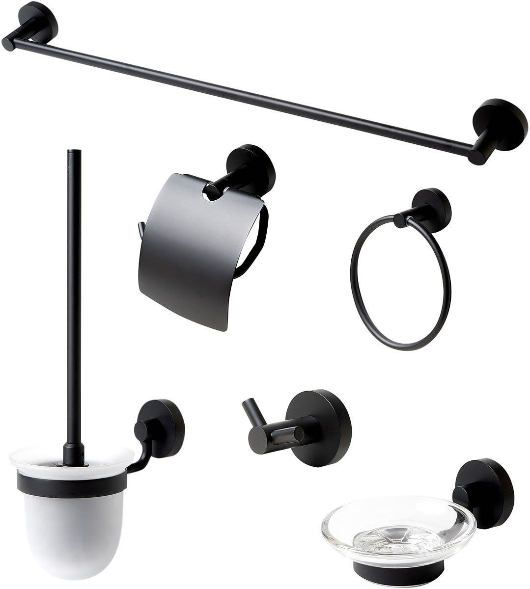 Matte Black. Everything you need is included: Towel Bar, Soap Dish, Towel Ring, Covered TP Holder, Robe/Towel Hook, Toilet Brush Set
