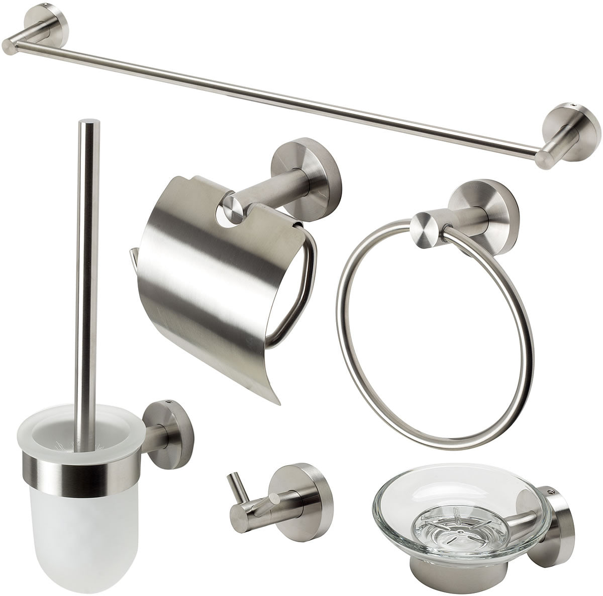 Brushed Nickel. Everything you need is included: Towel Bar, Soap Dish, Towel Ring, Covered TP Holder, Robe/Towel Hook, Toilet Brush Set