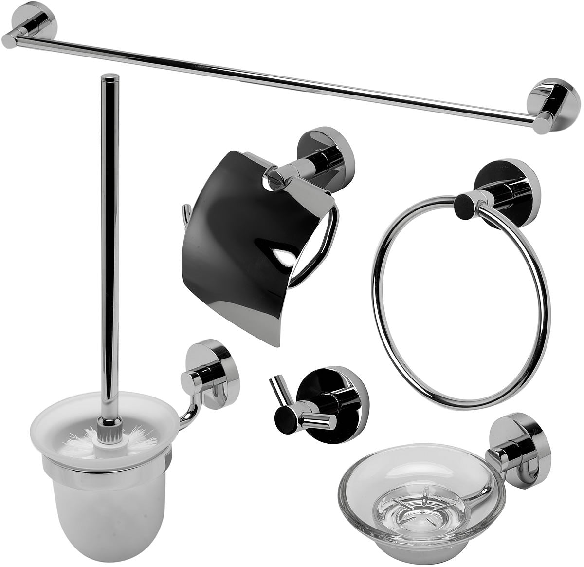 Polished Chrome. Everything you need is included: Towel Bar, Soap Dish, Towel Ring, Covered TP Holder, Robe/Towel Hook, Toilet Brush Set
