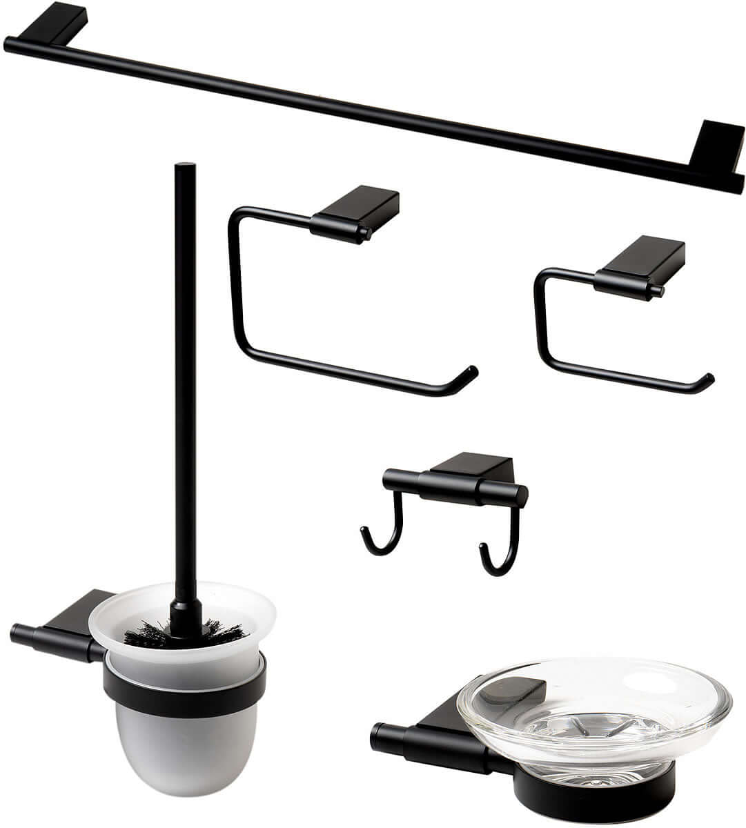 Matte Black. Everything you need is included: Towel Bar, Soap Dish, Towel Ring, Covered TP Holder, Robe/Towel Hook, Toilet Brush Set