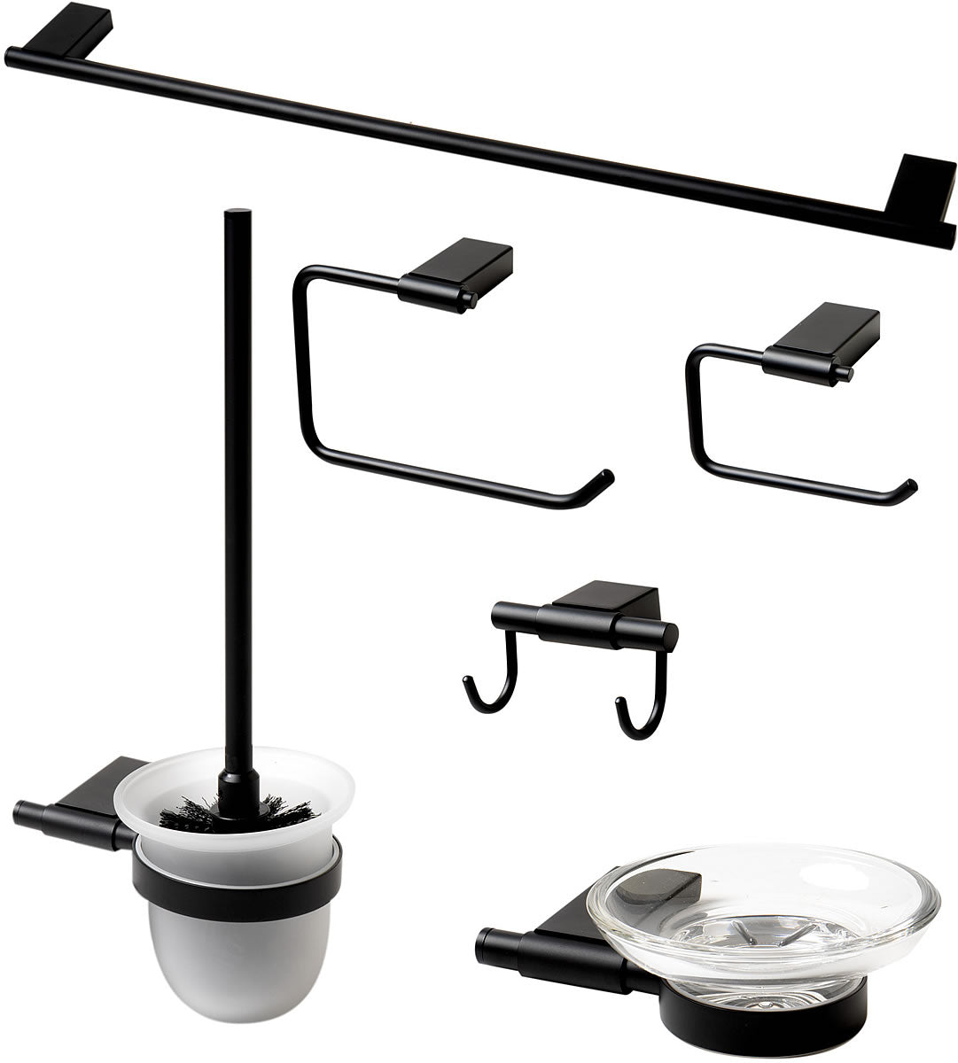 Matte Black. Everything you need is included: Towel Bar, Soap Dish, Towel Ring, Covered TP Holder, Robe/Towel Hook, Toilet Brush Set