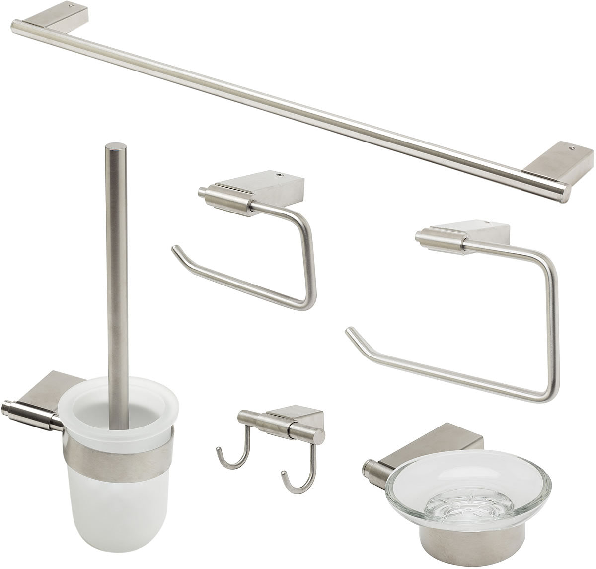 Brushed Nickel. Everything you need is included: Towel Bar, Soap Dish, Towel Ring, Covered TP Holder, Robe/Towel Hook, Toilet Brush Set