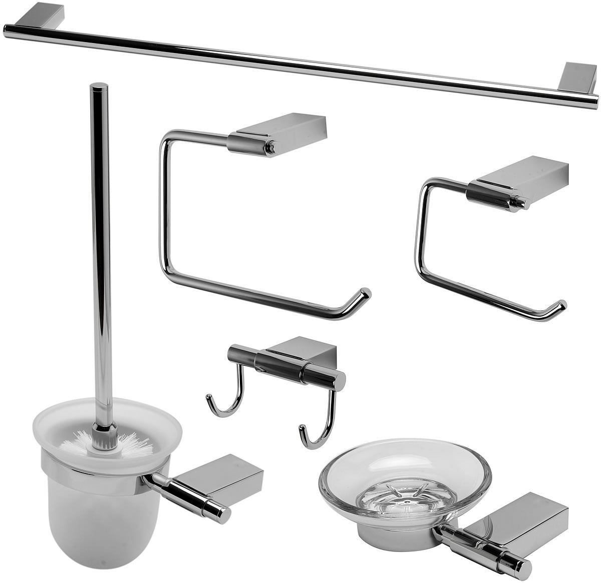 Polished Chrome. Everything you need is included: Towel Bar, Soap Dish, Towel Ring, Covered TP Holder, Robe/Towel Hook, Toilet Brush Set