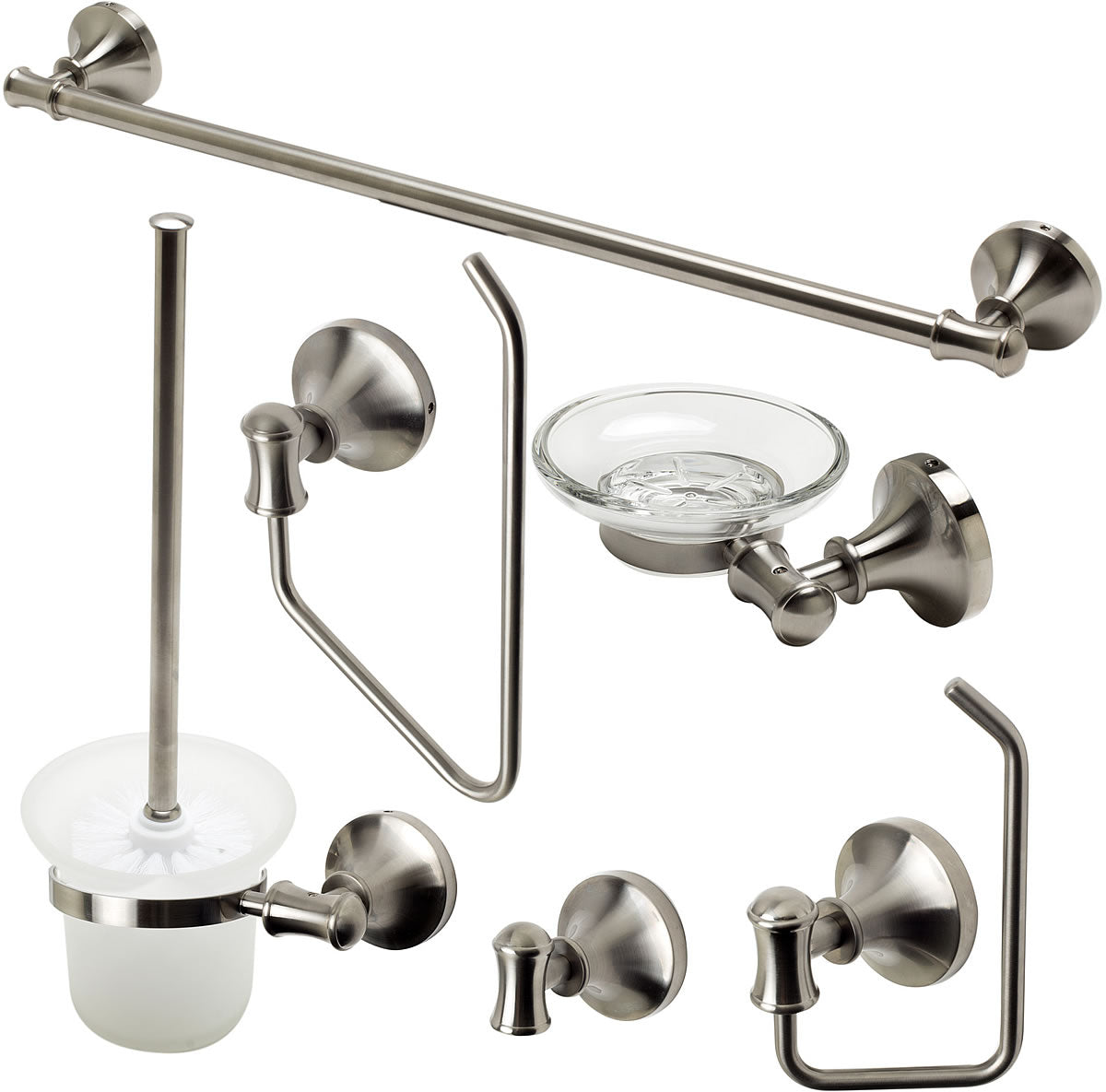 Brushed Nickel. Everything you need is included: Towel Bar, Soap Dish, Towel Ring, Covered TP Holder, Robe/Towel Hook, Toilet Brush Set