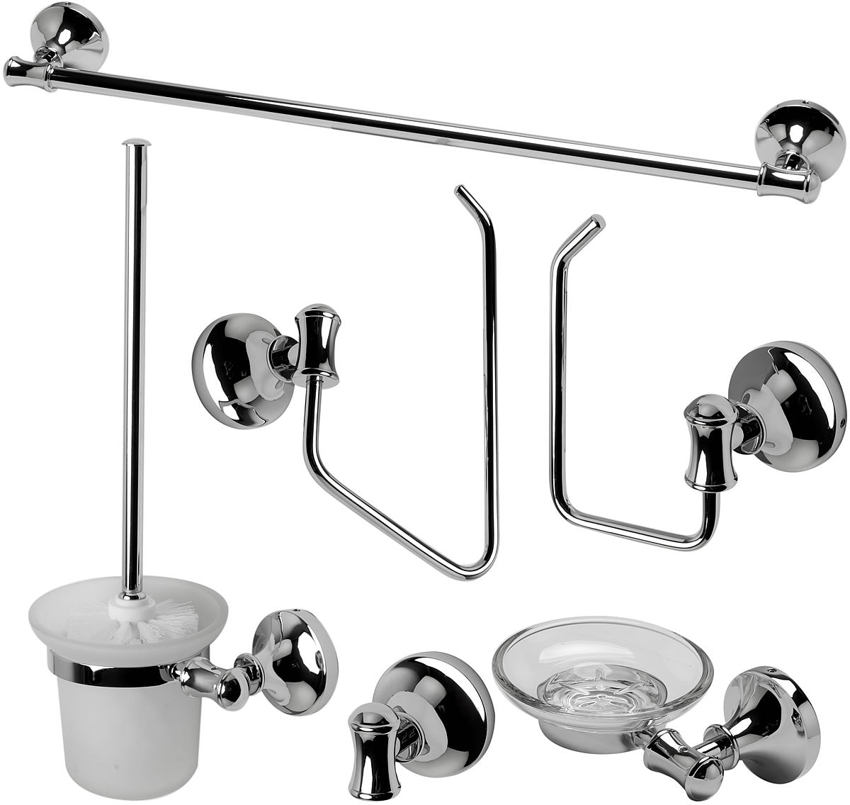 Polished Chrome. Everything you need is included: Towel Bar, Soap Dish, Towel Ring, Covered TP Holder, Robe/Towel Hook, Toilet Brush Set