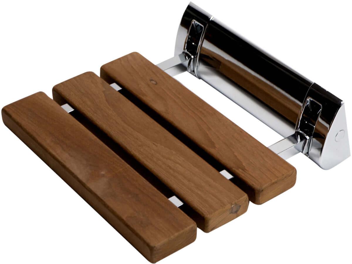 Alfi brand ADA Folding Teak Shower Seat with Accents in Polished Chrome or Brushed Nickel