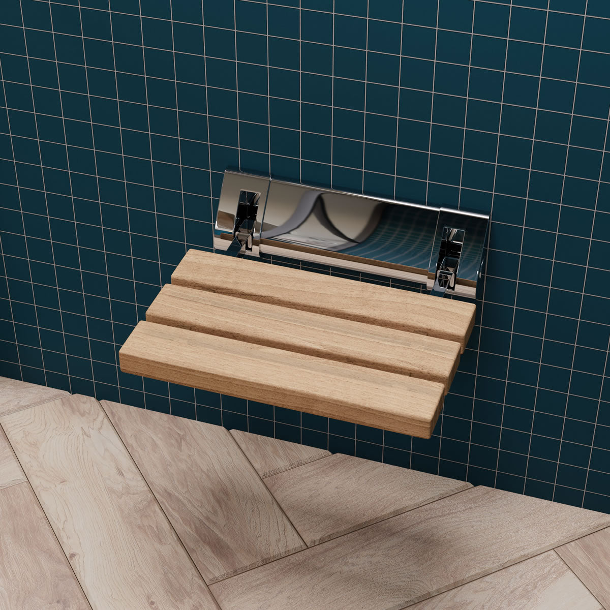 Alfi brand ADA Folding Teak Shower Seat with Accents in Polished Chrome or Brushed Nickel