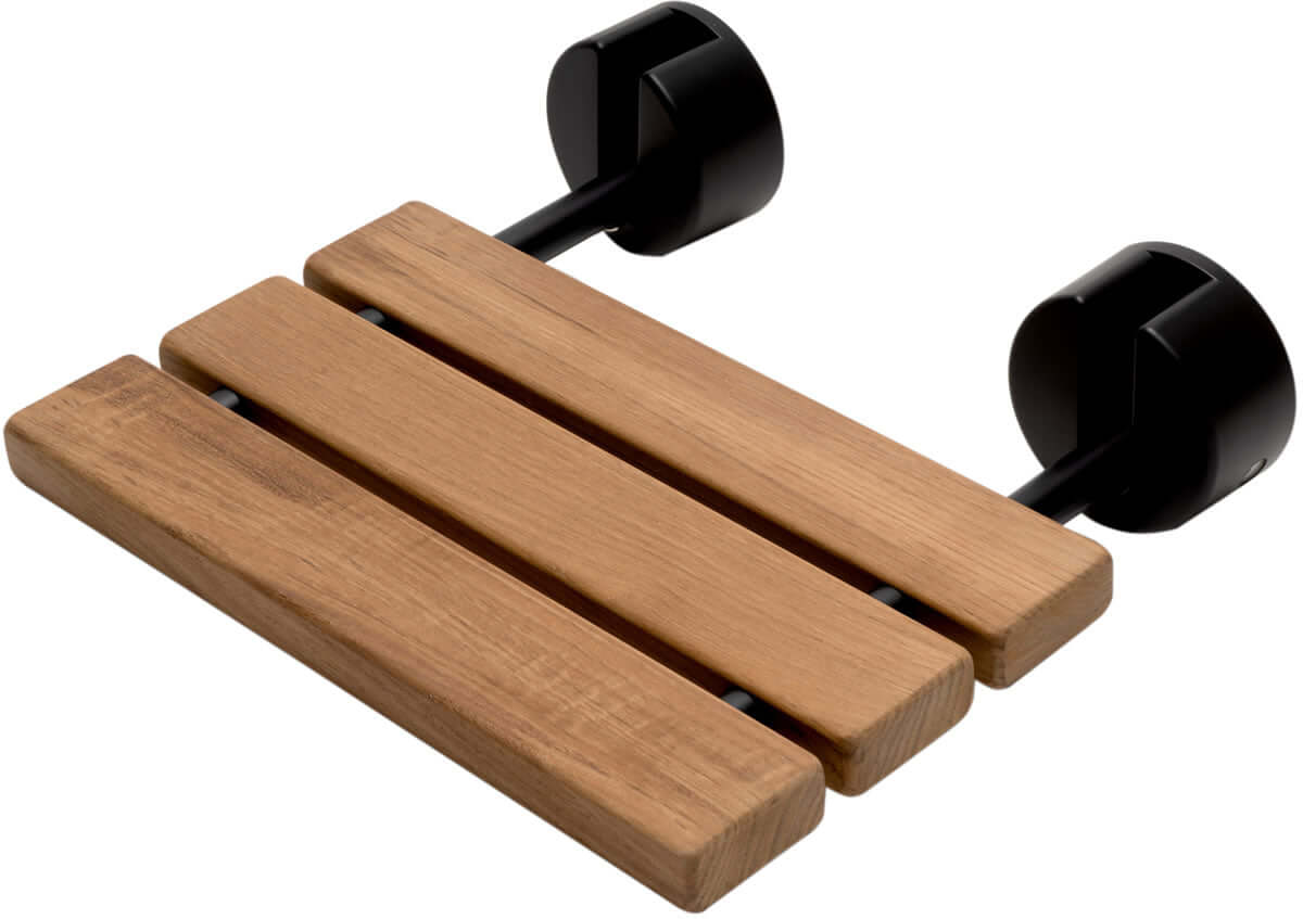 ADA Folding Teak Shower Seat 16" Wide, Accents finished in Matte Black - Alfi Brand