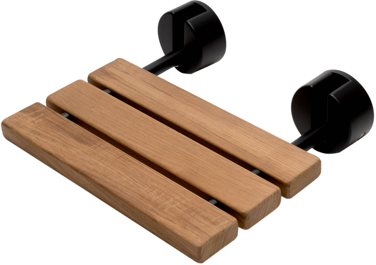 ADA Folding Teak Shower Seat 16" Wide, Accents finished in Matte Black - Alfi Brand - Perfect Makeup Mirrors