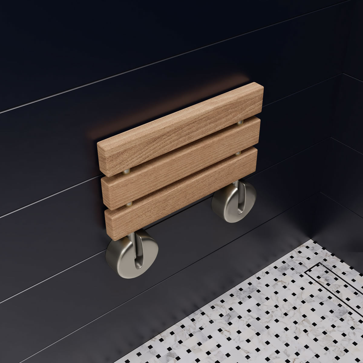 Alfi brand ADA Folding Teak Shower Seat 16" Wide, Accents in Polished Chrome or Brushed Nickel