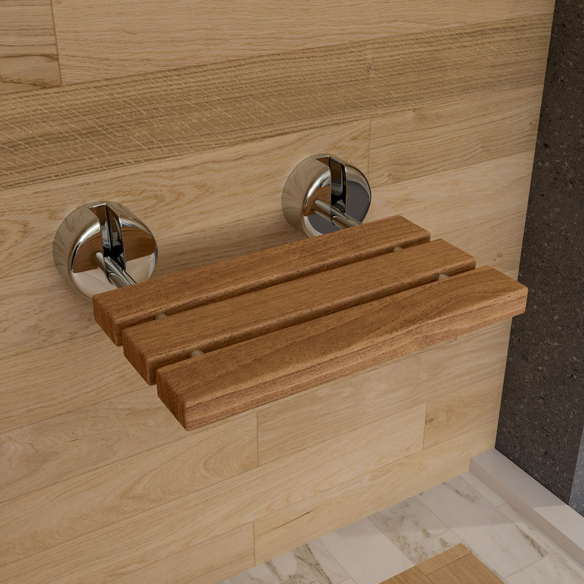 ADA Folding Teak Shower Seat 16" Wide, Accents in Polished Chrome or Brushed Nickel - Alfi Brand - Perfect Makeup Mirrors