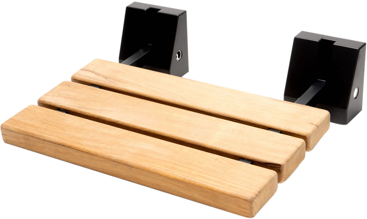 ADA Folding Teak Shower Seat 16" Wide, with Square Accents finished in Matte Black - Alfi Brand - Perfect Makeup Mirrors