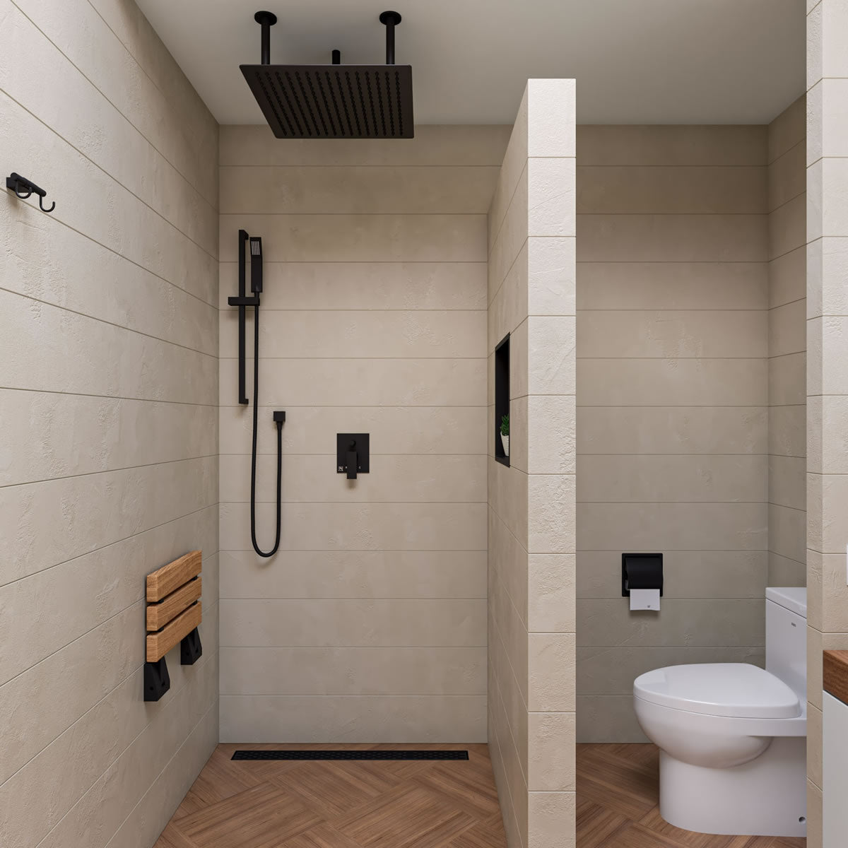 Alfi brand ADA Folding Teak Shower Seat 16" Wide, with Square Accents finished in Matte Black