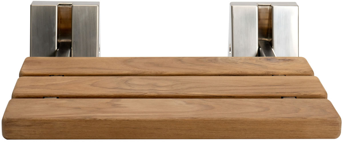 Alfi brand ADA Folding Teak Shower Seat 16" Wide, Square Pivots in Polished Chrome or Brushed Nickel
