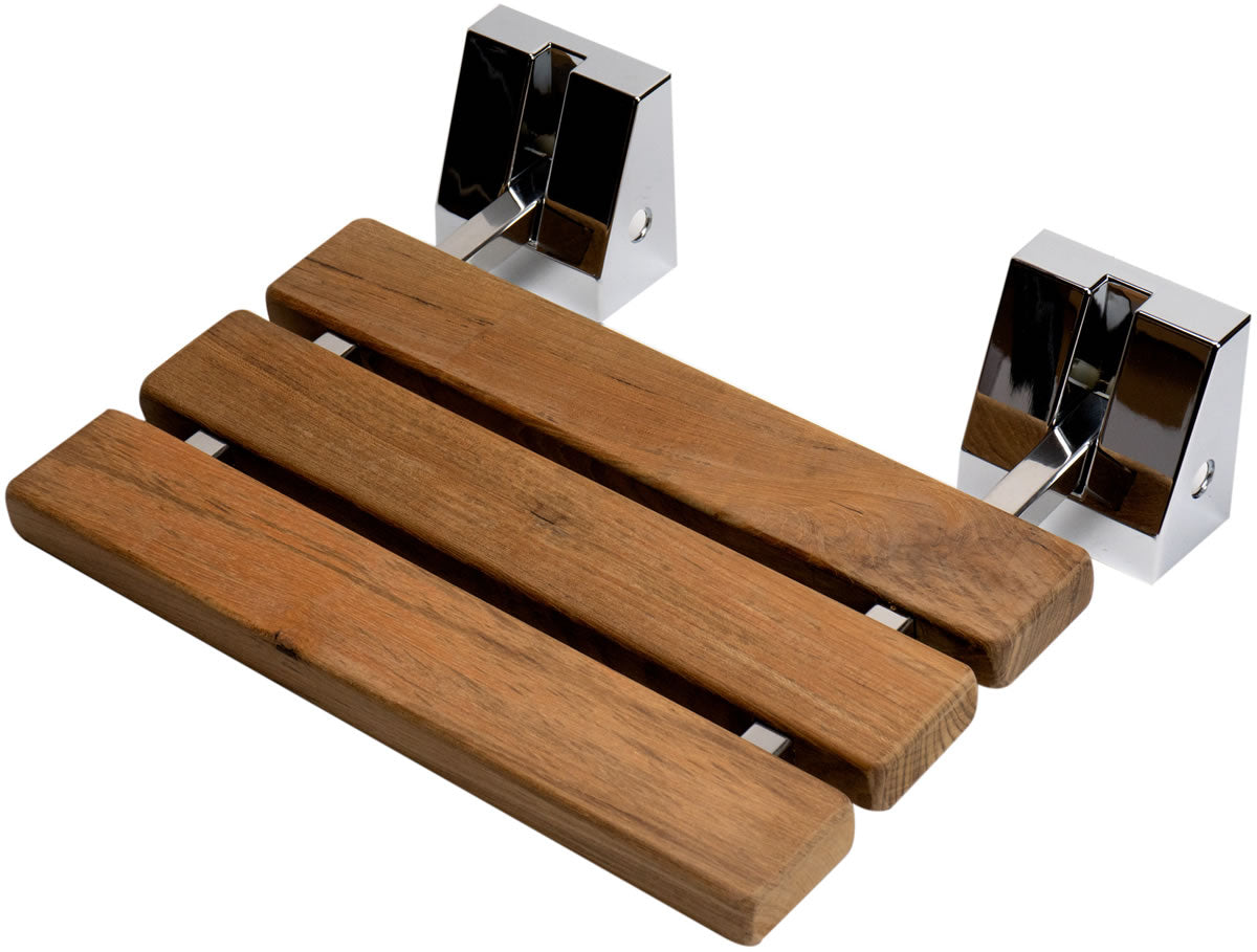 ADA Folding Teak Shower Seat 16" Wide, Square Pivots, Polished Chrome or Brushed Nickel - Alfi Brand