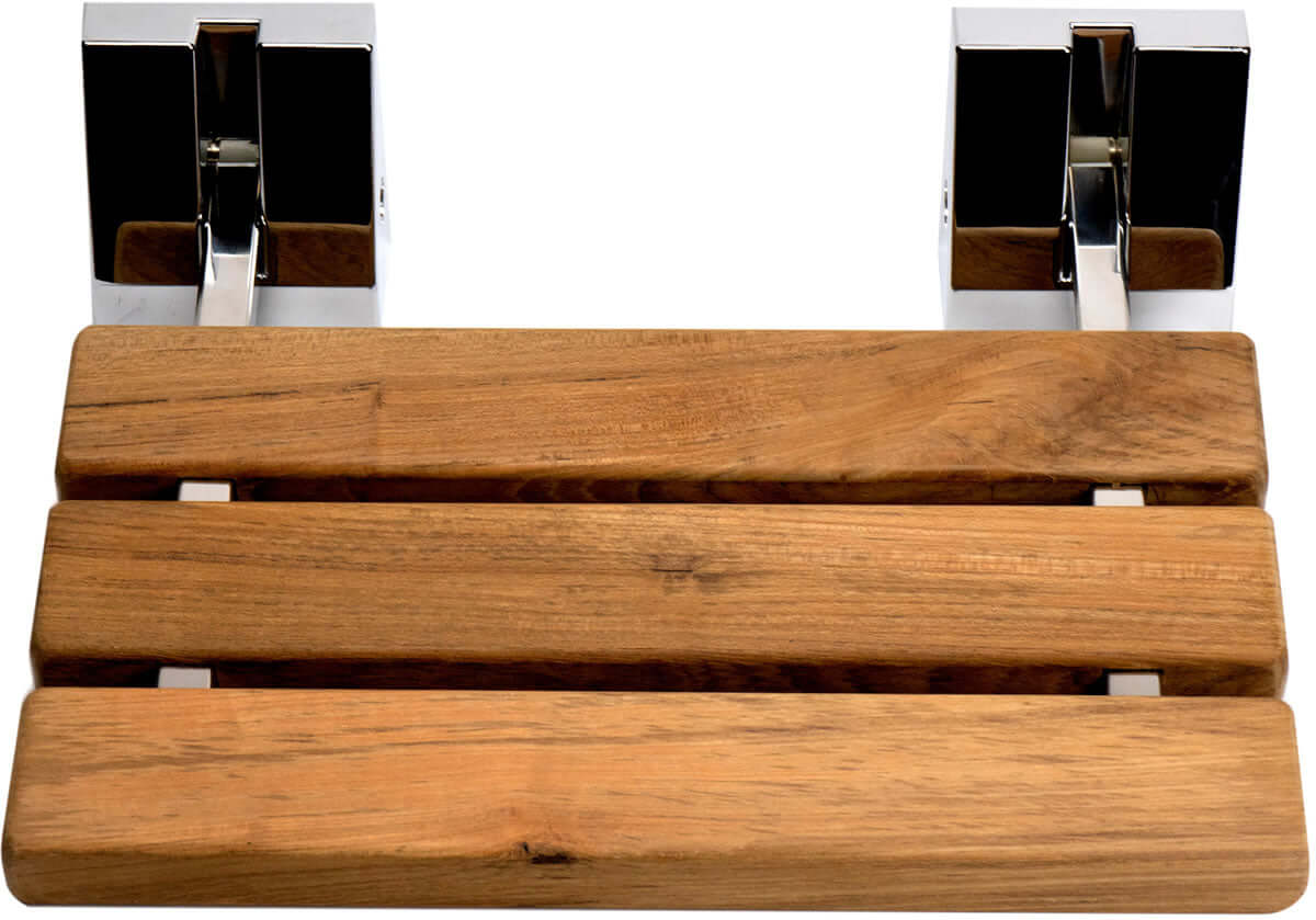 ADA Folding Teak Shower Seat 16" Wide, Square Pivots, Polished Chrome or Brushed Nickel - Alfi Brand