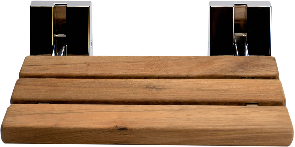 Alfi brand ADA Folding Teak Shower Seat 16" Wide, Square Pivots in Polished Chrome or Brushed Nickel