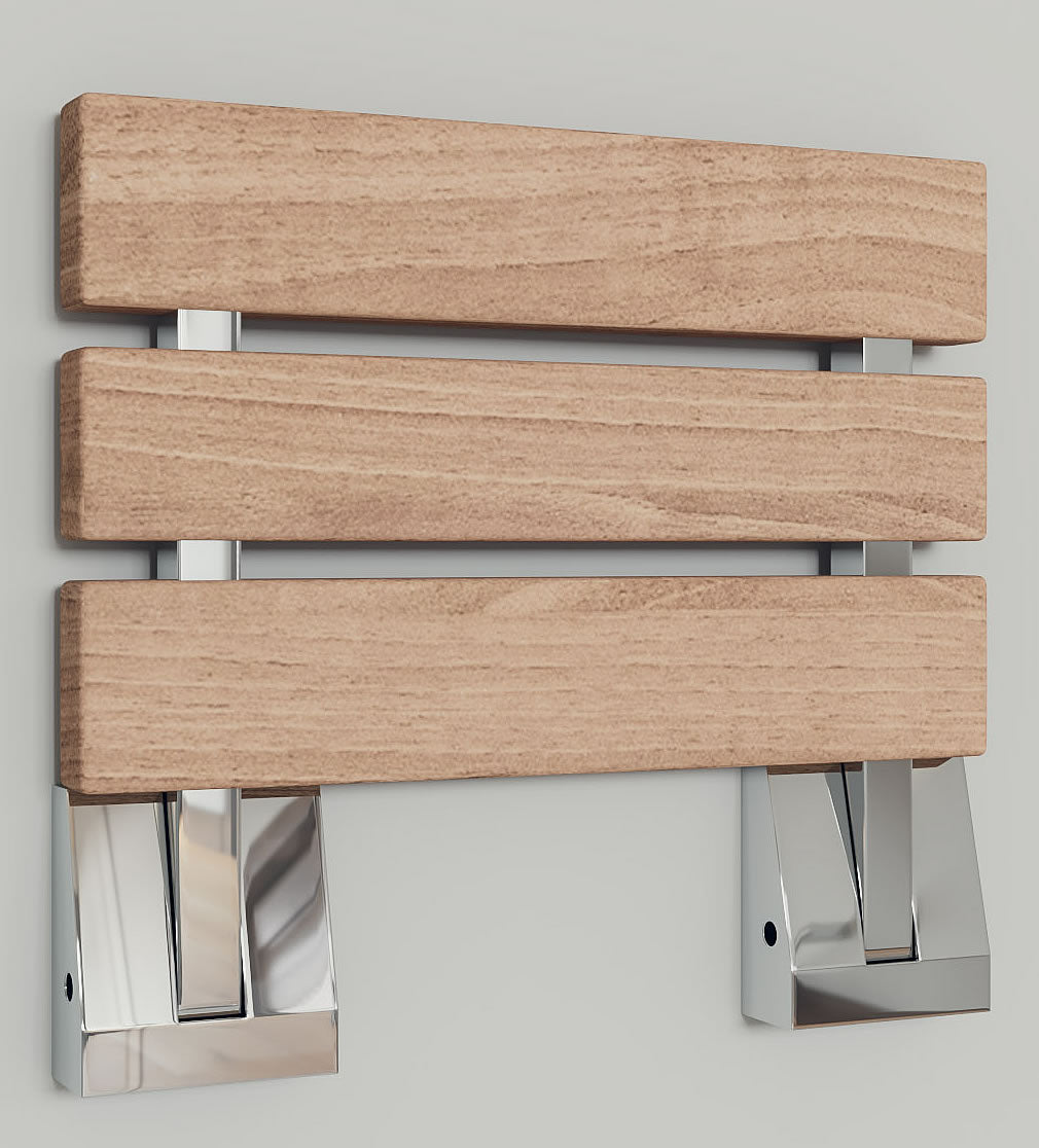 Alfi brand ADA Folding Teak Shower Seat 16" Wide, Square Pivots in Polished Chrome or Brushed Nickel