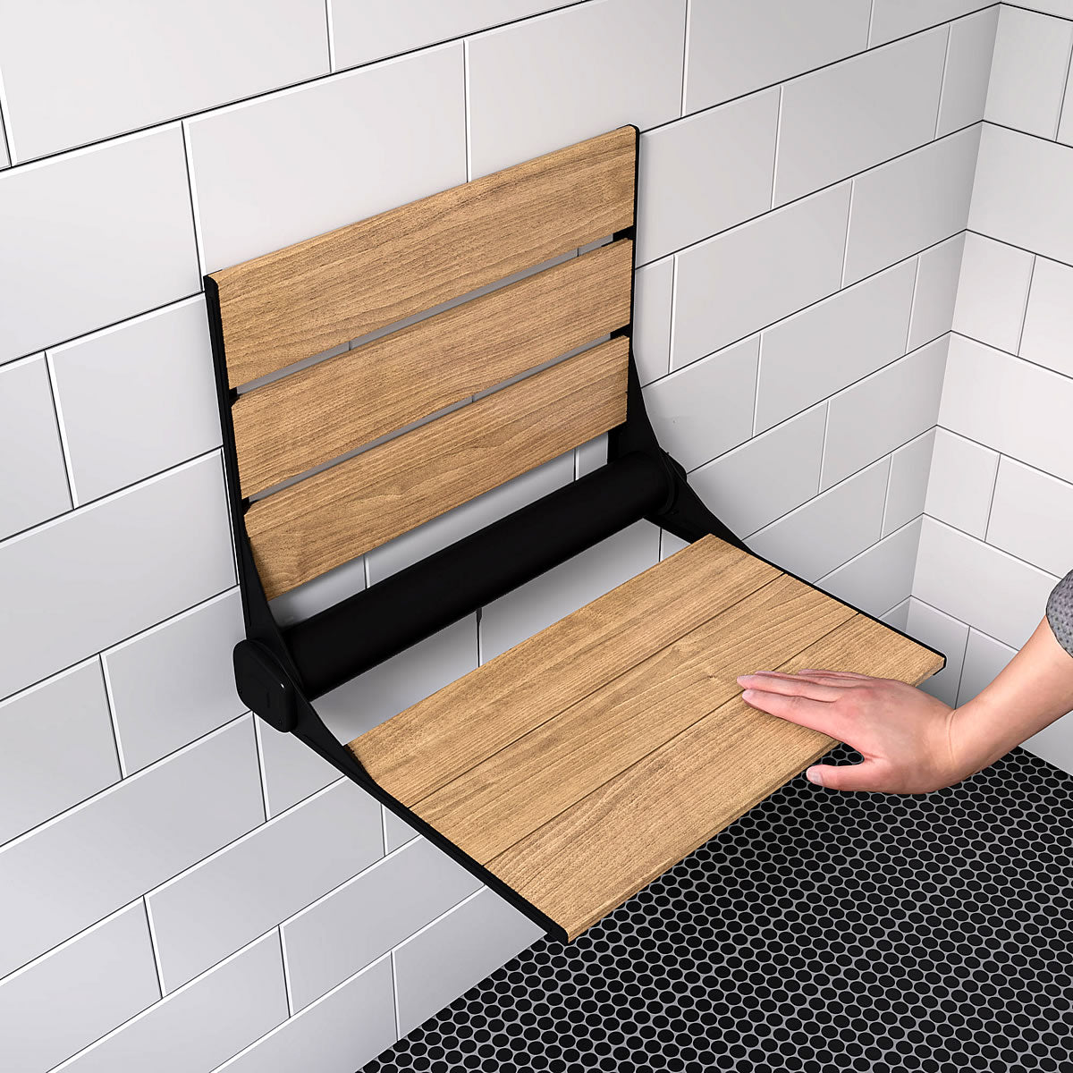 ADA Folding Teak Shower Seat 16" Wide with Back or Light Grey - Alfi brand - Perfect Makeup Mirrors