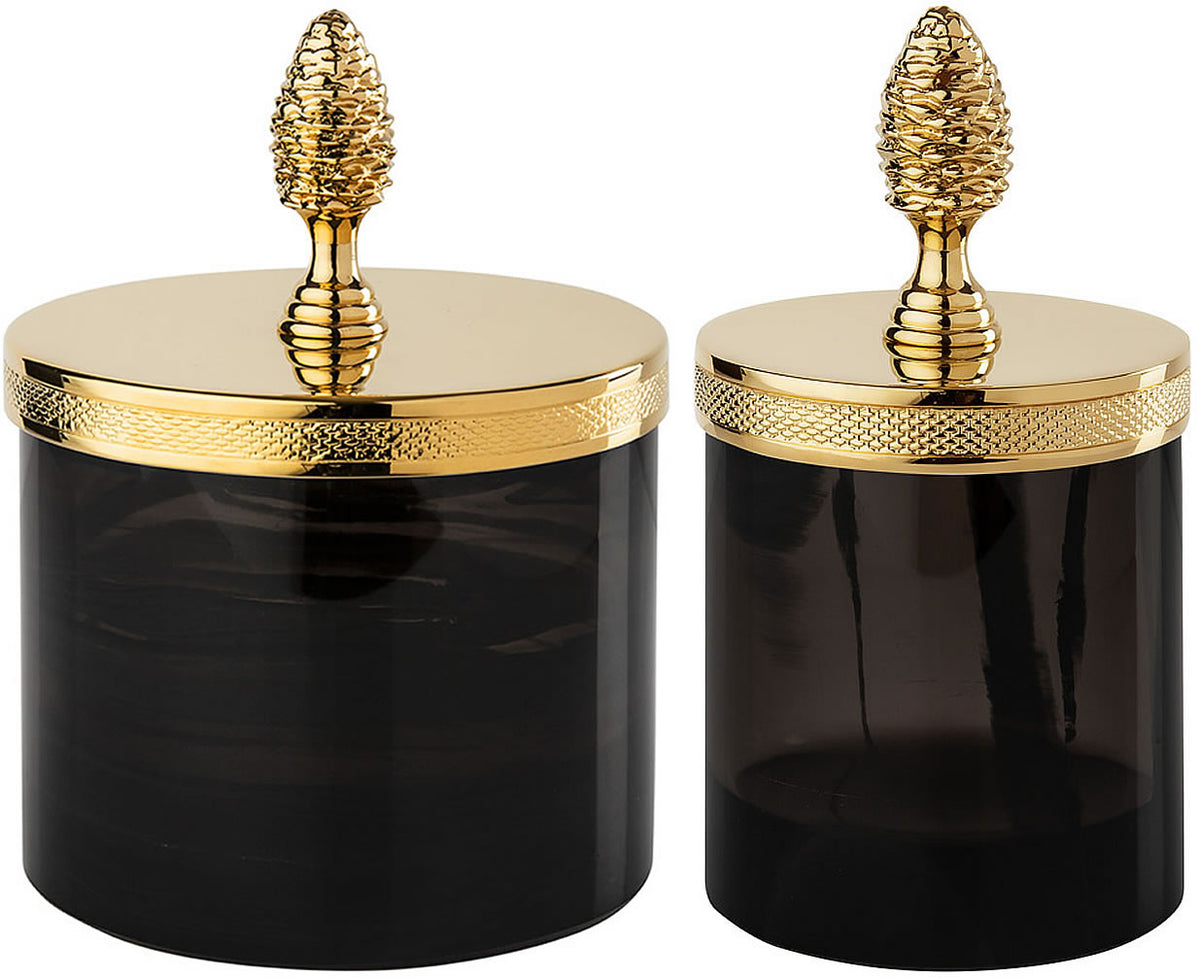 Obsidienne "Chiseled" Pinecone Handle Q-Tip Jar - Cristal & Bronze - Perfect Makeup Mirrors