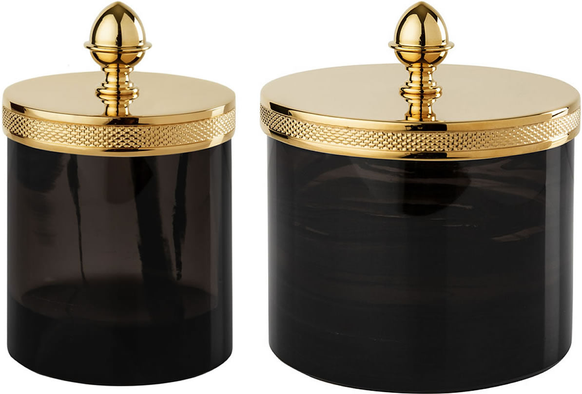 Obsidienne "Chiseled" Seed Handle Q-Tip Jars - Cristal & Bronze - Perfect Makeup Mirrors