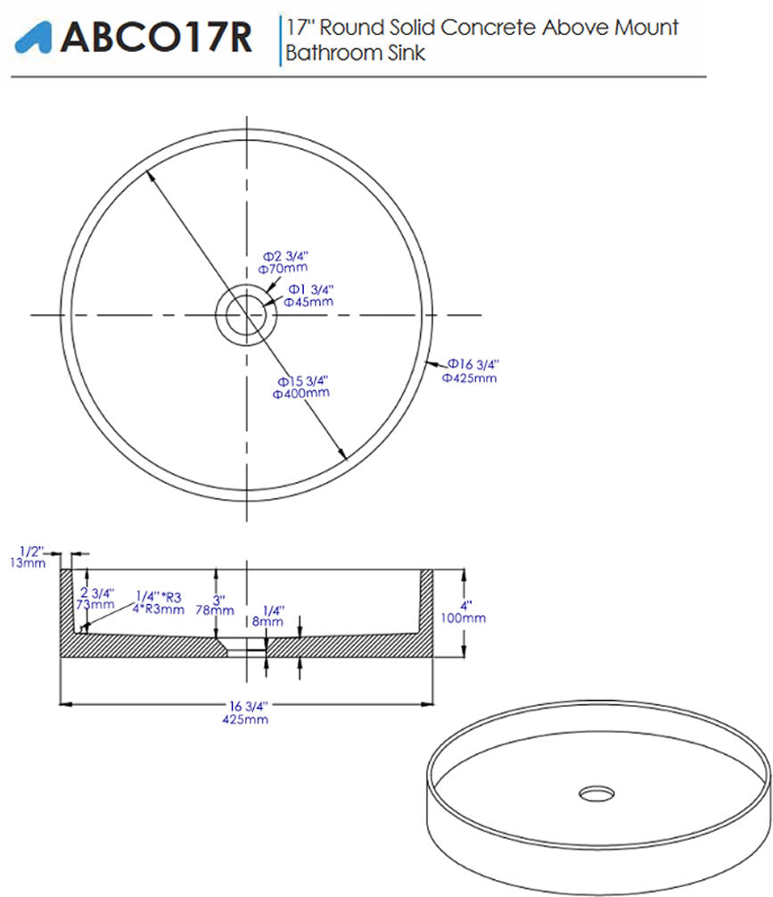 ALFI brand ABCO17R 17" Round Solid Concrete Above-Mount Bathroom Sink