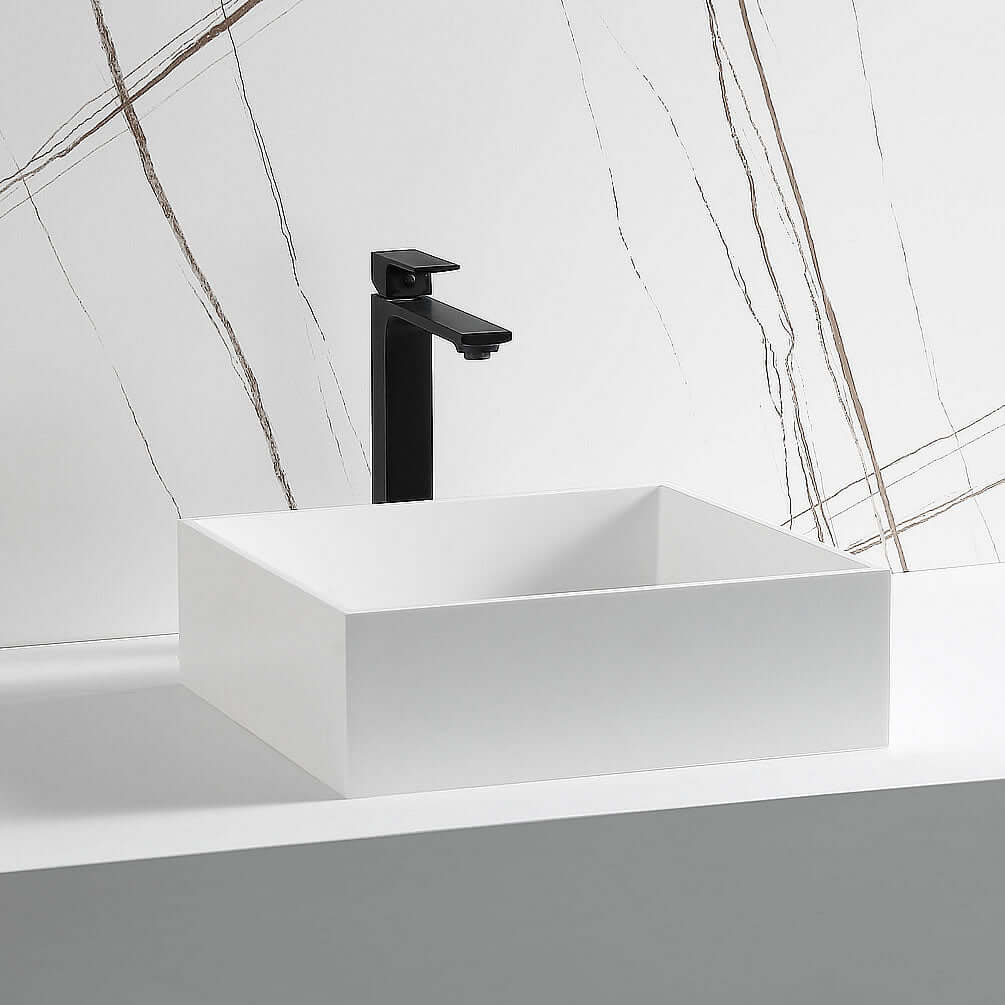 Square White Resin Bathroom Sink, faucet not included.