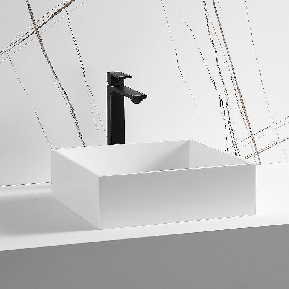 Square White Resin Bathroom Sink, faucet not included.