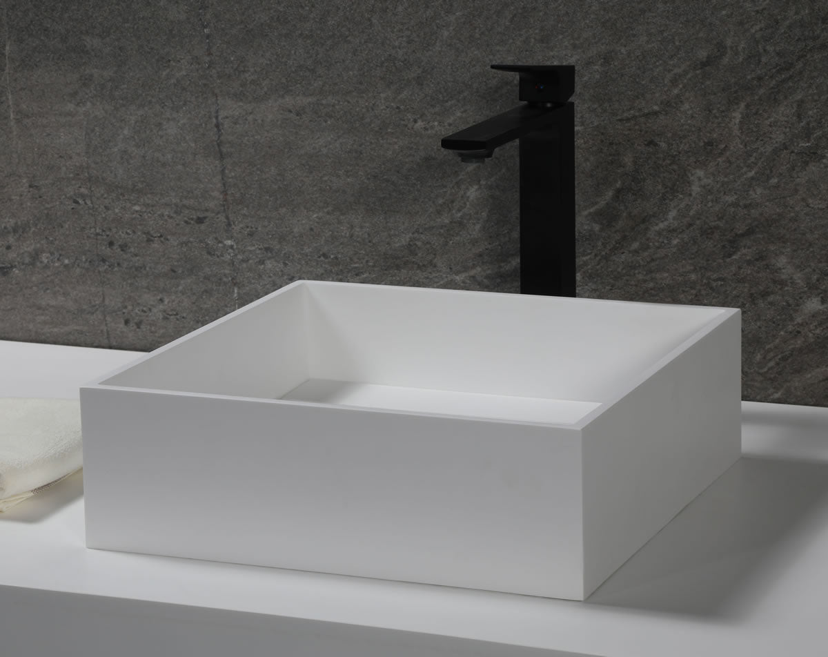 Square White Resin Bathroom Sink, faucet not included.